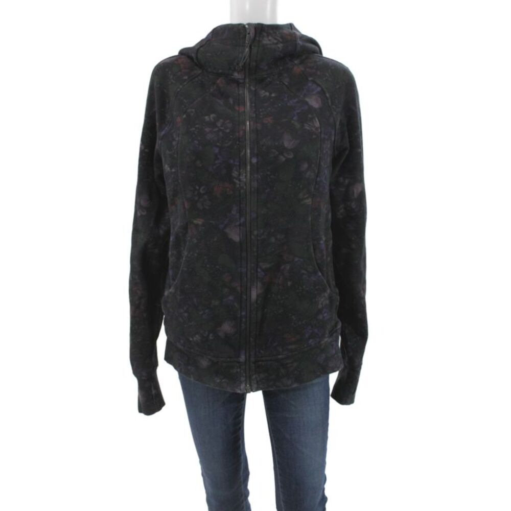 Lululemon Womens Black Full Zip Hoodie High Neck Floral Size 12